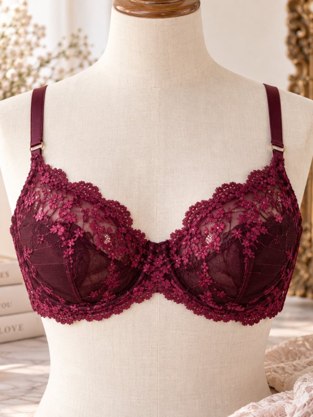 Wacoal Bra Womens 36C Burgundy Lace Underwire Sheer Floral Support Lingerie